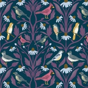 Birds on Daisy Trellis - Navy