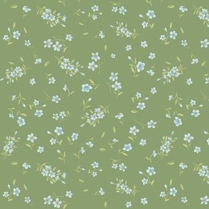 SMALL - Flower confetti - dainty pastel blue flowers on Olive Green