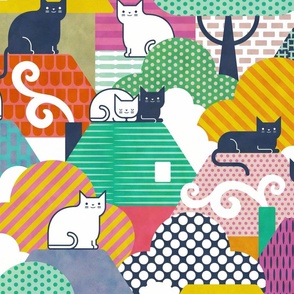 Home Is Where my Cat Is- Pattern Clash- Cat City Pop Art- Colorful Cats on Rooftops- Multicolored Houses with Cats- Cat Wallpaper- Cat Lady- Large