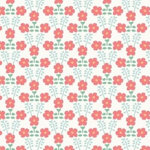Delicate Vintage Floral Coordinate on Cream: Simple Pink Flowers with Green Leaves 