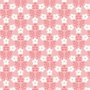 Delicate Vintage Floral Coordinate on Pink: Simple Cream Flowers with Dark Pink Leaves 