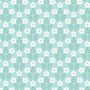 Delicate Vintage Floral Coordinate on Blue: Simple Cream Flowers with Green Leaves 