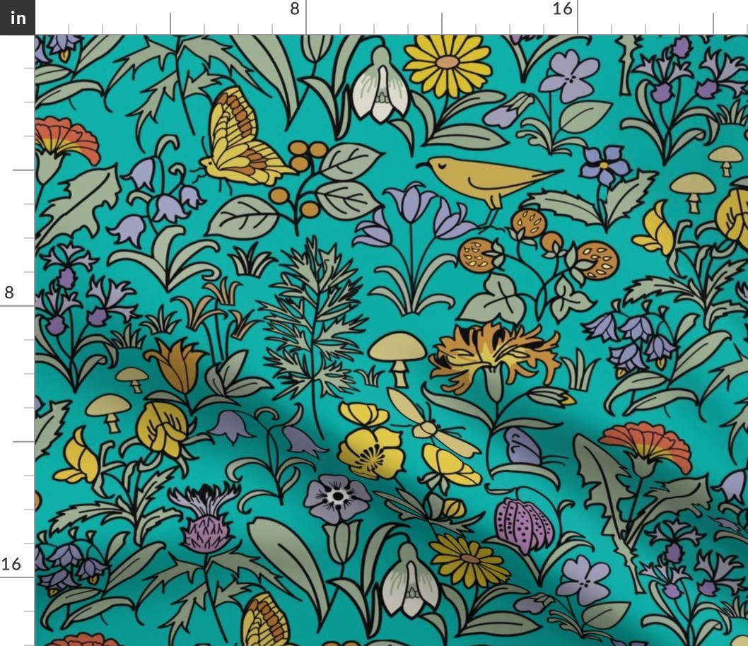 Voysey Buttercups Summer Garden Florals  Bright Teal