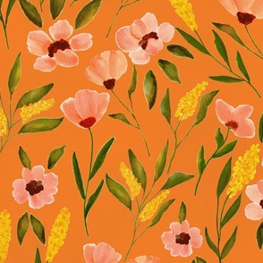 Colorful Summer Florals Garden Flowers on Orange Large Scale