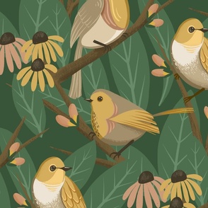 Spring Birds Perched in Trees // Vibrant Yellow and Coral Pink // Jumbo Scale