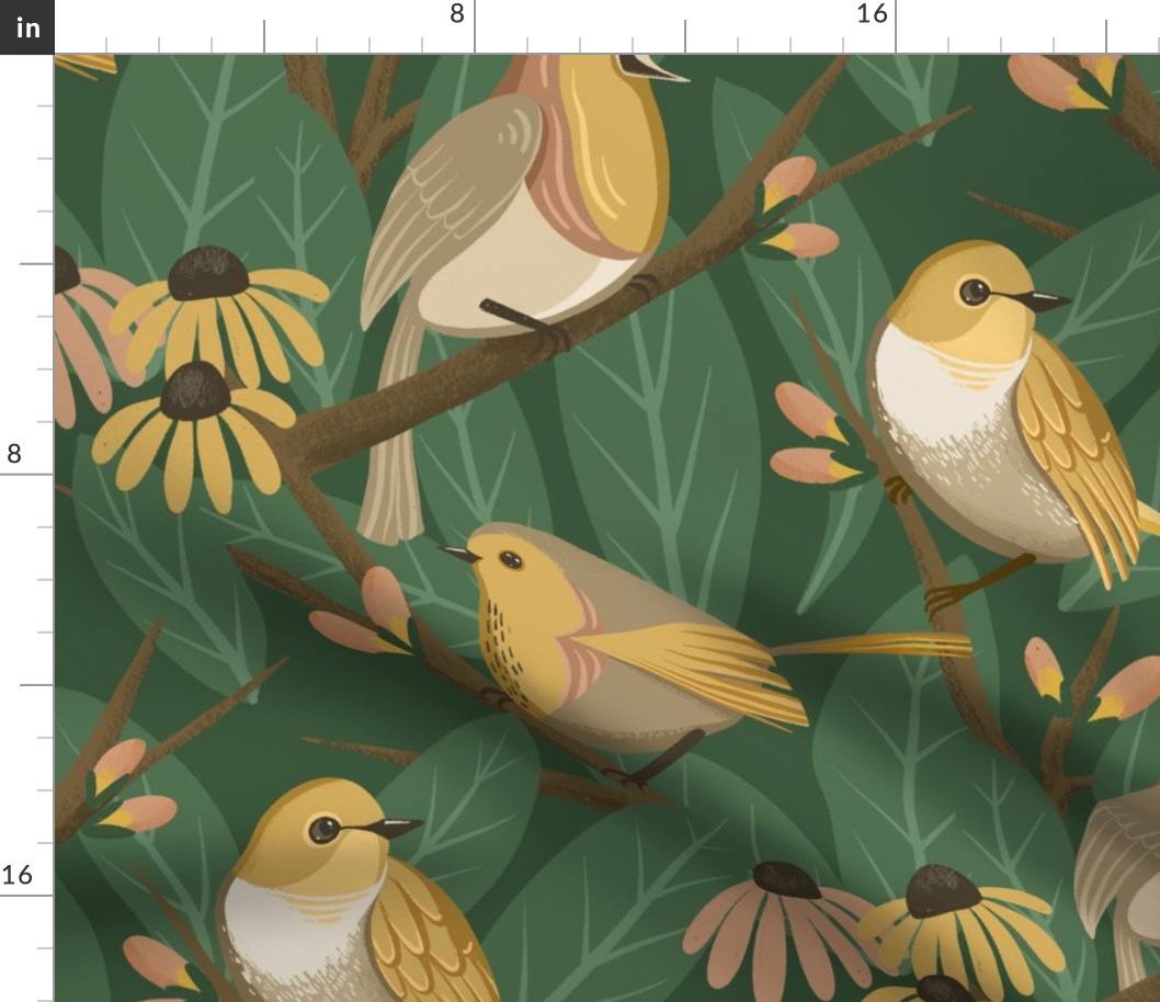 Spring Birds Perched in Trees // Vibrant Yellow and Coral Pink // Jumbo Scale