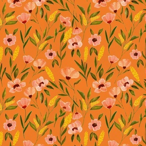 Colorful Summer Florals Garden Flowers on Orange Small Scale