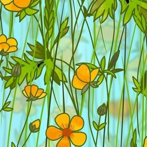 Buttercup Meadow // Yellow & Green on Sky Blue