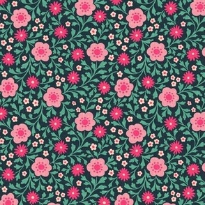 Eloise Floral - small - pink and teal on midnight 