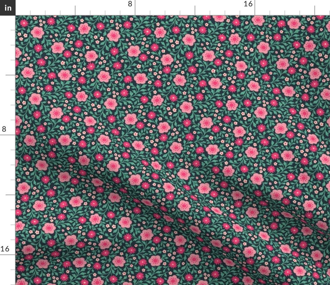 Eloise Floral - small - pink and teal on midnight 