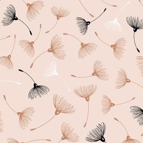 Hand drawn dandelion seed contour on light pink, medium scale 