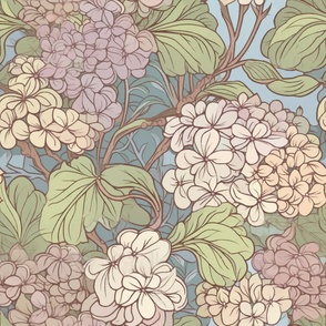 Large Scale Pastel Hydrangea Flowers - Sage Green, Teal, Pink, Mauve Tones, Modern Romanticism, Art Nouveau, Vintage