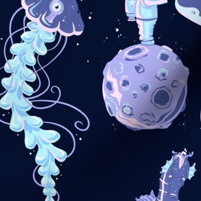 Astronaut  Manta Ray Seahorse Jellyfish Dreams // Sea Stars Ocean Galaxy //  JUMBO 