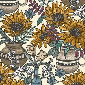 Botanical Decor for Bed Sheets and Pillows with Vases and Sunflowers / Yellow Version / Small Scale