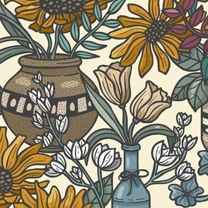 Botanical Decor for Bed Sheets and Pillows with Vases and Sunflowers / Yellow Version / Medium Scale