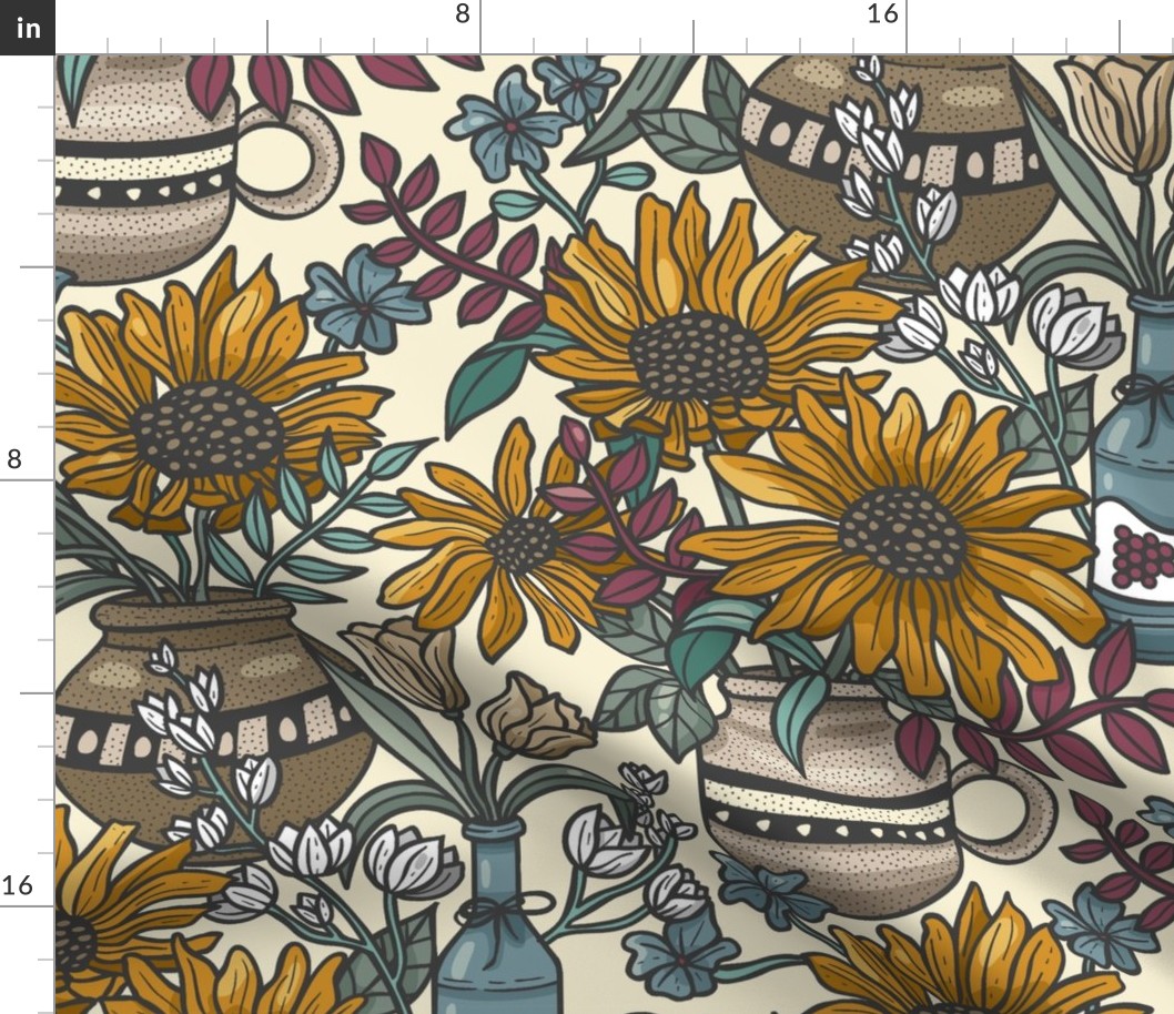 Botanical Decor for Bed Sheets and Pillows with Vases and Sunflowers / Yellow Version / Large Scale