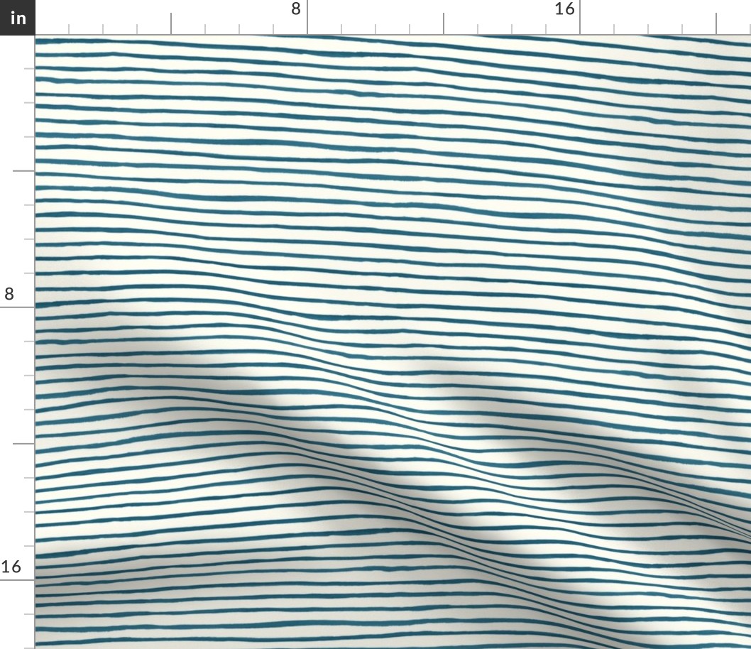 Medium Handpainted watercolor wonky uneven stripes - Peacock blue on cream - Petal Signature Cotton Solids coordinate 