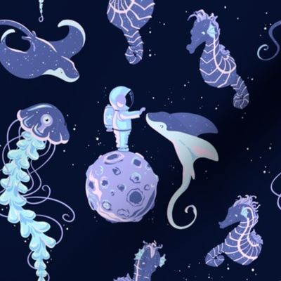 Astronaut  Manta Ray Seahorse Jellyfish Dreams // Sea Stars Ocean Galaxy // Medium    