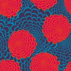 L Floral Garden - Abstract Flower - Orange and Red Dahlias layering on large Blue and dark Purple Dahlia