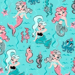 Babydoll Mermaids on Blue - MEDIUM