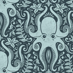 Pantone Ultra Steady Octopus Damask (Light Aqua on Dark) (Large Scale)
