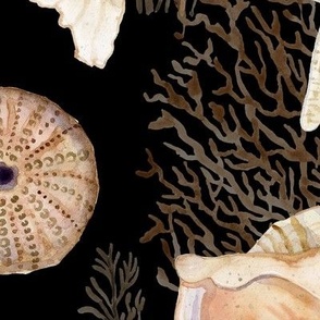 Seashell Serenity - Beach Coastal Shells Coral and Starfish Watercolor JUMBO 24" BLACK
