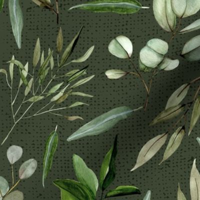 Seamless - Large - Lush Greenery with Eucalyptus - Dark Green Background
