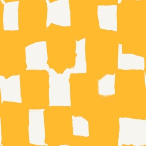 Abstract hand drawn brush stroke checkerboard - messy paint brush checks - bold and graphic artistic ink shapes - Golden banana yellow orange on cream white - large