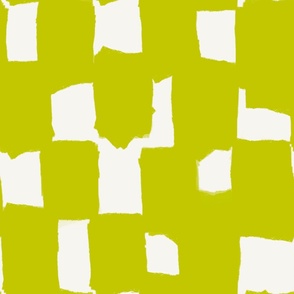 Abstract hand drawn brush stroke checkerboard - messy paint brush checks - bold and graphic artistic ink shapes - Cyber Lime Green  evening primrose on cream white - large