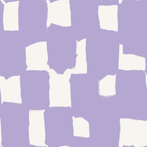 Abstract hand drawn brush stroke checkerboard - messy paint brush checks - bold and graphic artistic ink shapes - Digital Lavender  purple rose on cream white - large