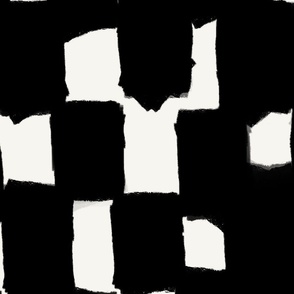 Abstract hand drawn brush stroke checkerboard - messy paint brush checks - bold and graphic artistic ink shapes - Black on cream white - large
