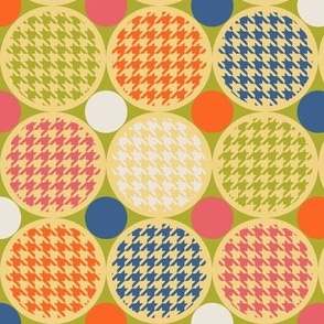 Traditional Houndstooth & Geometric Circles Yellow on Green with Pink, Orange, Blue & White