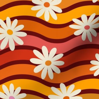 Retro Hippie Flowers on Groovy Ombre Waves 