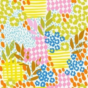 Artistic Pattern Clash - hand drawn stripes, checks, abstract flowers and dots in a loose and messy painterly style - bold brush strokes and bright happy colors - yellow, pink, blue, orange, green and brown on soft white - small