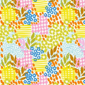 Artistic Pattern Clash - hand drawn stripes_ checks_ abstract flowers and dots in a loose and messy painterly style - bold brush strokes and bright happy colors - yellow_ pink_ blue_ orange_ green and brown on soft white - medium
