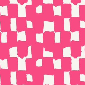 Abstract hand drawn brush stroke checkerboard - messy paint brush checks - bold and graphic artistic ink shapes - Hot pink cyclamen on cream white - medium