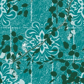 Damask Nightingale - Teal - Large Scale