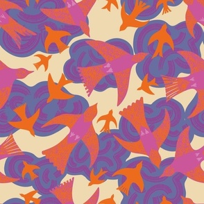 Birds in flight (pink orange 12")   -  Birds flying high among the clouds in a range of pinks and purples.