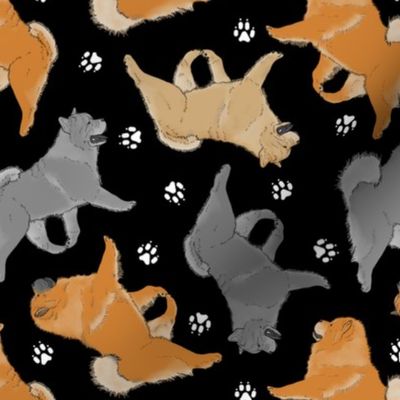 Trotting assorted Chow Chows and paw prints - black