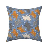 Trotting assorted Chow Chows and paw prints - faux denim