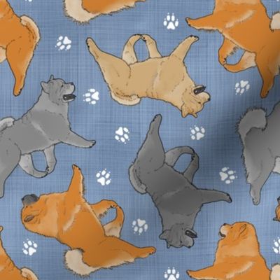 Trotting assorted Chow Chows and paw prints - faux denim