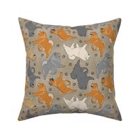 Trotting assorted Chow Chows and paw prints - faux linen