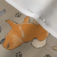 Trotting assorted Chow Chows and paw prints - faux linen