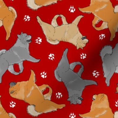 Trotting assorted Chow Chows and paw prints - red
