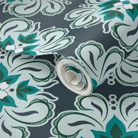 Floral Quatrefoil Damask - Deep Teal & Ebony - Large Scale