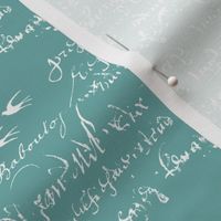 French Script white on bold teal