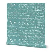 French Script white on bold teal