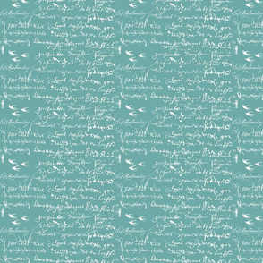 French Script white on bold teal