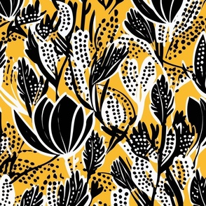 Contemporary African Inspired Bold Floral Pattern Print - Yellow, Black, and White, Energetic, Bright Design