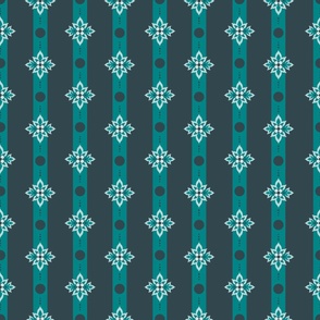 Floral Quatrefoil Stripe - Teal & Ebony - Large Scale